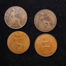 Group of 4 Coins, Great Britain Pennies, 1902, 1913, 1917, 1948 .