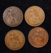 Group of 4 Coins, Great Britain Pennies, 1912, 1915, 1916, 1949 .