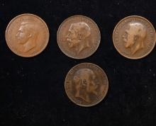Group of 4 Coins, Great Britain Pennies, 1910, 1918, 1926, 1947 .