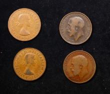 Group of 4 Coins, Great Britain Pennies, 2x 1912, 1965, 1966 .