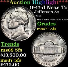 ***Auction Highlight*** 1947-d Jefferson Nickel Near Top Pop! 5c Graded GEM++ 5fs By USCG (fc)