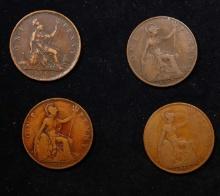 Group of 4 Coins, Great Britain Pennies, 1862, 1915, 1917, 1919 .