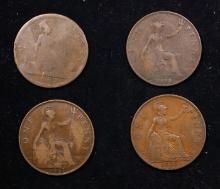 Group of 4 Coins, Great Britain Pennies, 1861, 1917, 1918, 1927 .