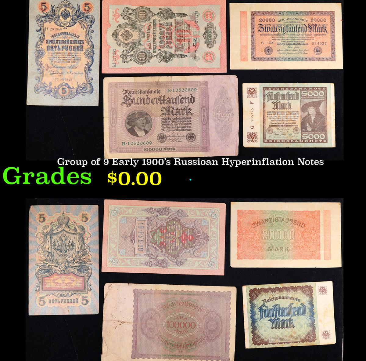 Group of 9 Early 1900's Russioan Hyperinflation Notes