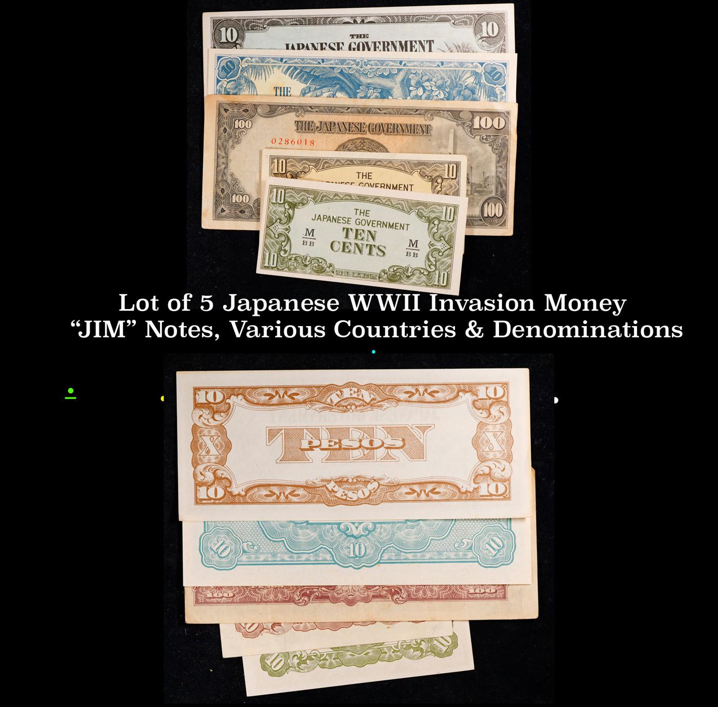 Lot of 5 Japanese WWII Invasion Money "JIM" Notes, Various Countries & Denominations Grades