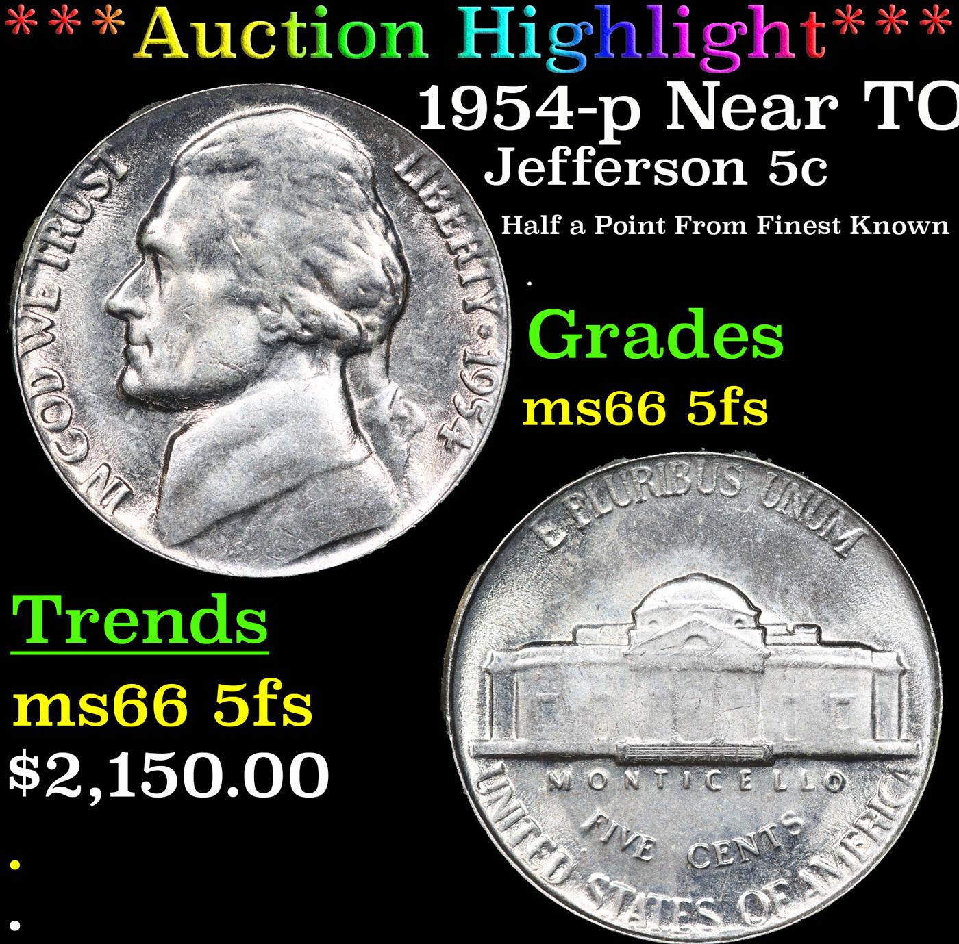 ***Auction Highlight*** 1954-p Jefferson Nickel Near TOP POP! 5c Graded GEM+ 5fs By USCG (fc)