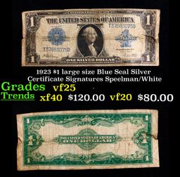 1923 $1 large size Blue Seal Silver Certificate Grades vf+ Signatures Speelman/White