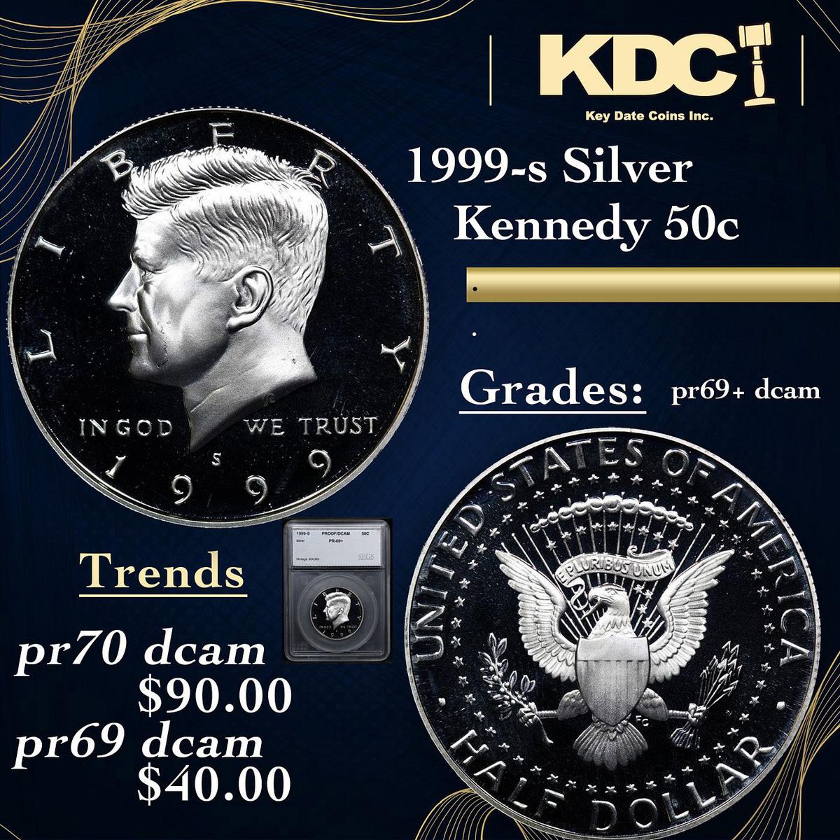 Proof 1999-s Silver Kennedy Half Dollar 50c Graded pr69+ dcam BY SEGS