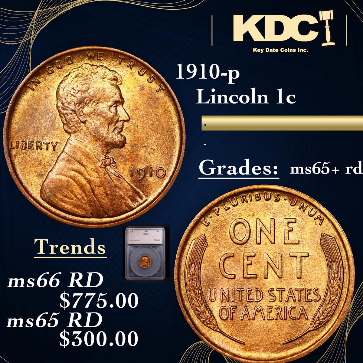 1910-p Lincoln Cent 1c Graded ms65+ rd By SEGS