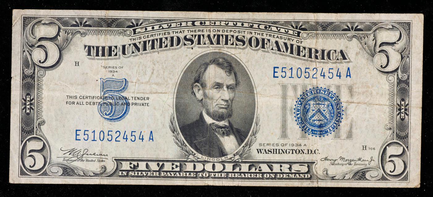 1934A $5 Blue Seal Silver Certificate Grades vf++