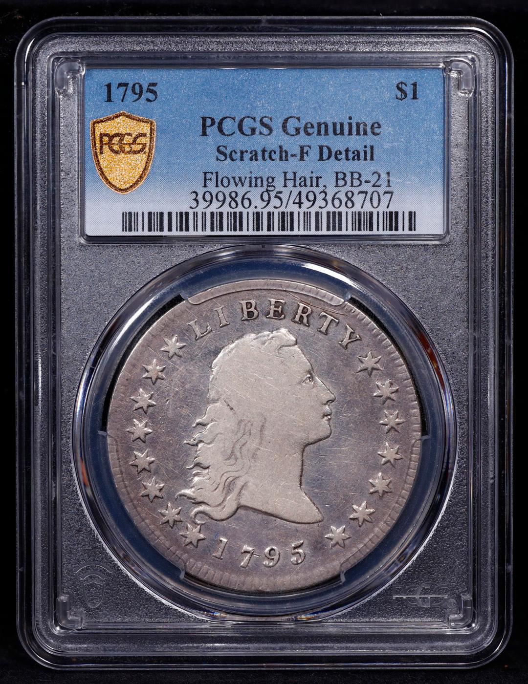 ***Auction Highlight*** PCGS 1795 2 Leaves Flowing Hair Dollar $1 BB-21/B-1 Graded f details By PCGS