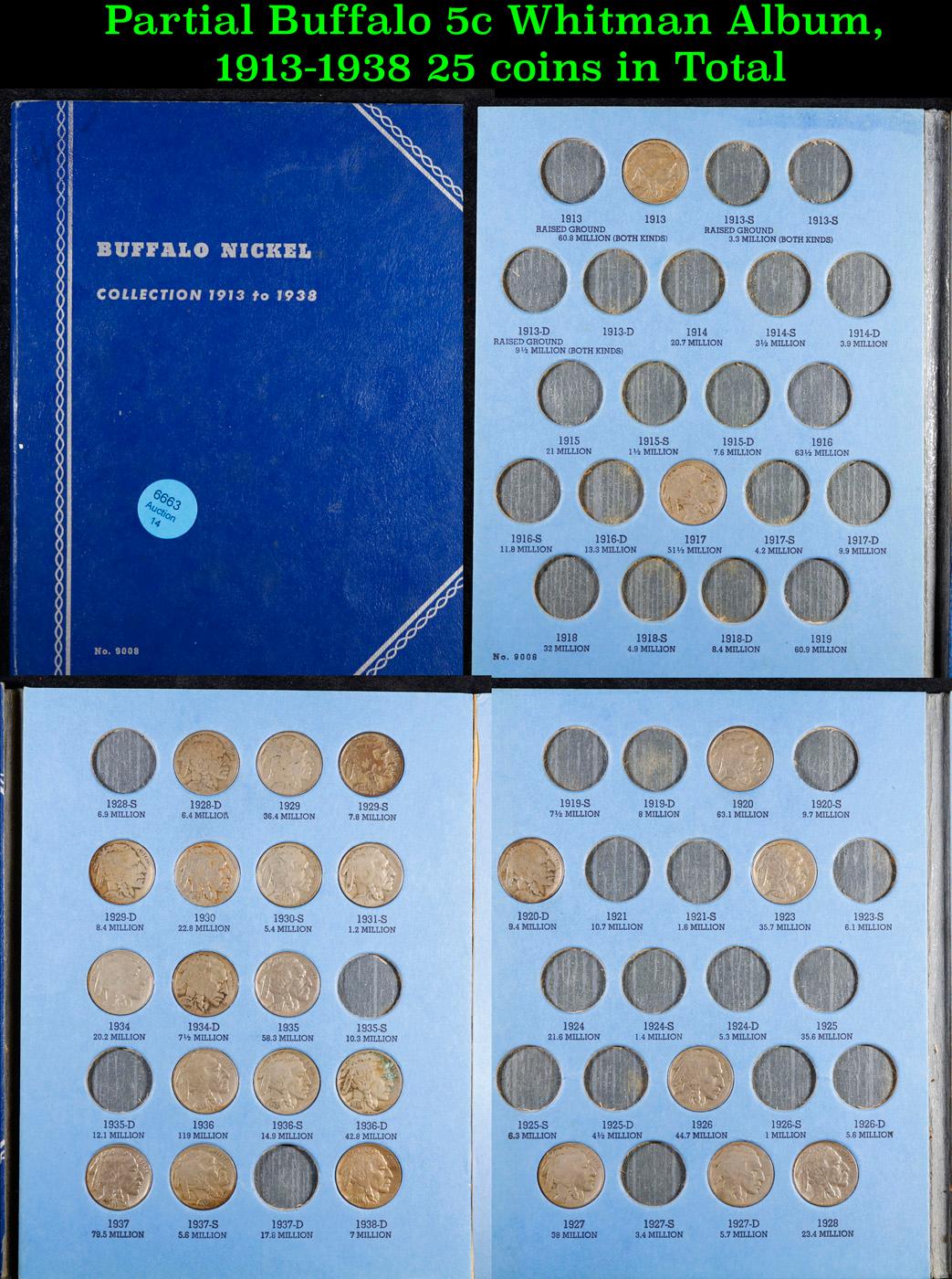 Partial Buffalo 5c Whitman Album, 1913-1938 25 coins in Total