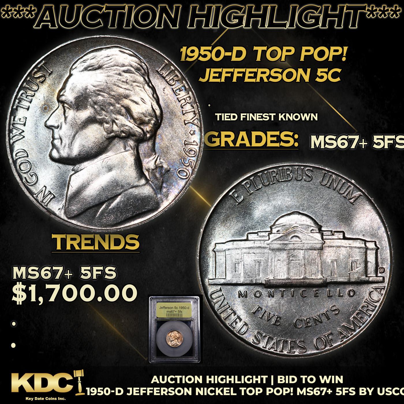 ***Auction Highlight*** 1950-d Jefferson Nickel TOP POP! 5c Graded GEM++ 5fs By USCG (fc)