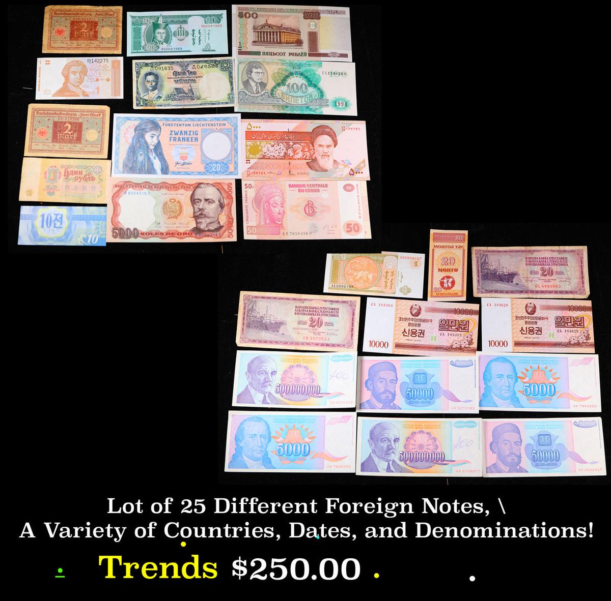 Lot of 25 Different Foreign Notes, A Variety of Countries, Dates, and Denominations!