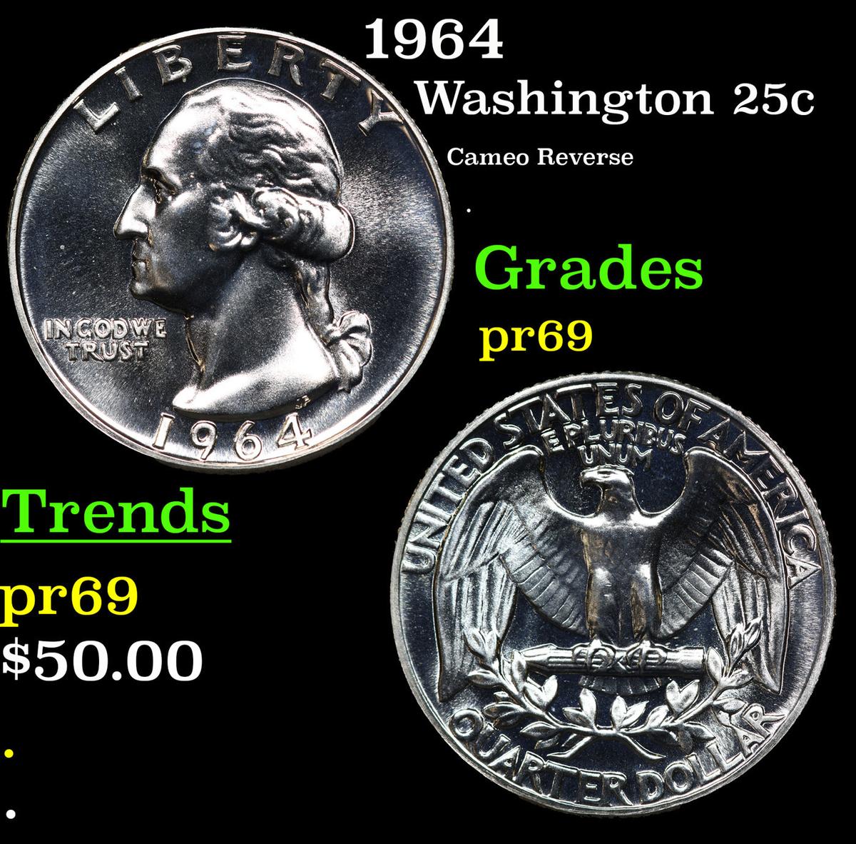 Proof 1964 Washington Quarter 25c Grades GEM++ Proof