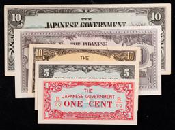 Lot of 5 Japanese WWII Invasion Money "JIM" Notes, Various Countries & Denominations Grades