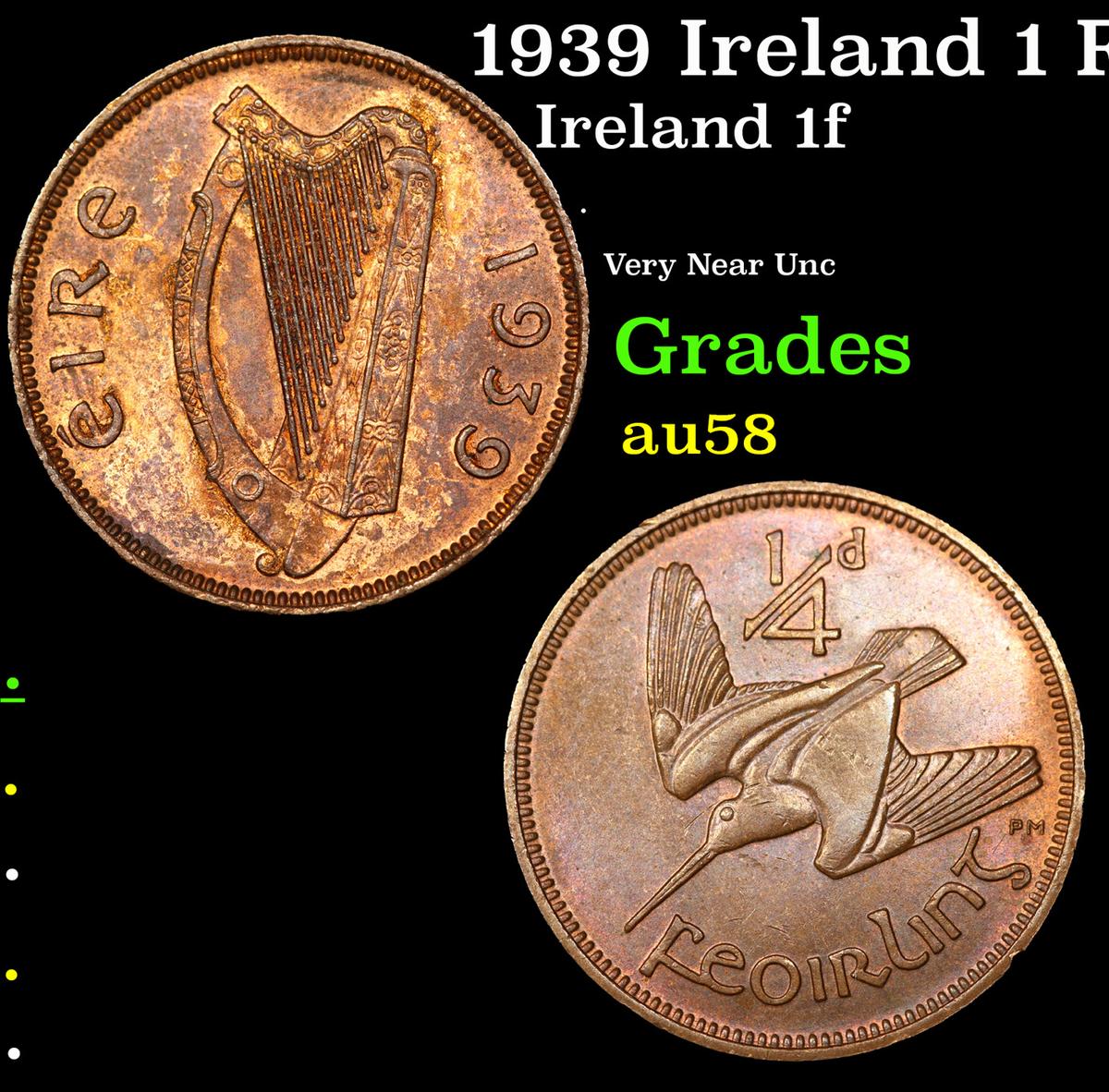 1939 Ireland 1 Farthing KM# 9 Grades Choice AU/BU Slider