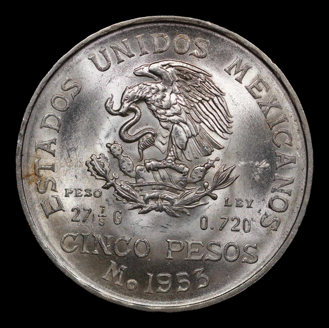 1953 Mexico Five Pesos Silver KM# 467 Grades Brilliant Uncirculated