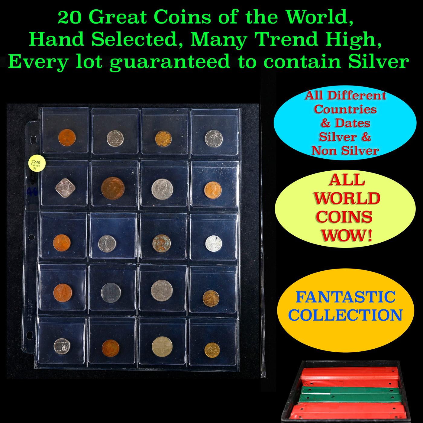 20 Great Coins of the World, hand selected, many trend high, every lot guaranteed to contain Silver.