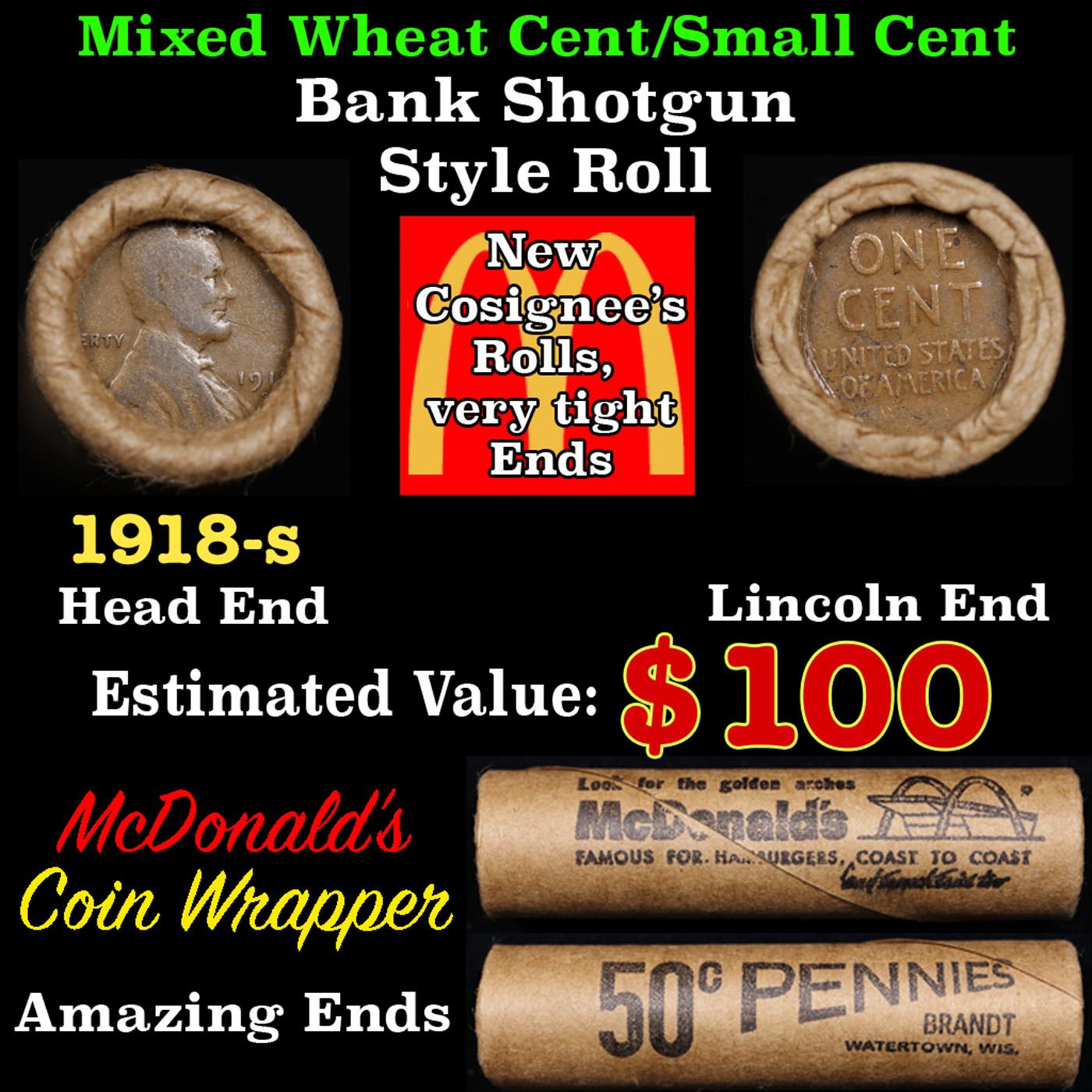 Lincoln Wheat Cent 1c Mixed Roll Orig Brandt McDonalds Wrapper, 1918-s end, Wheat other end