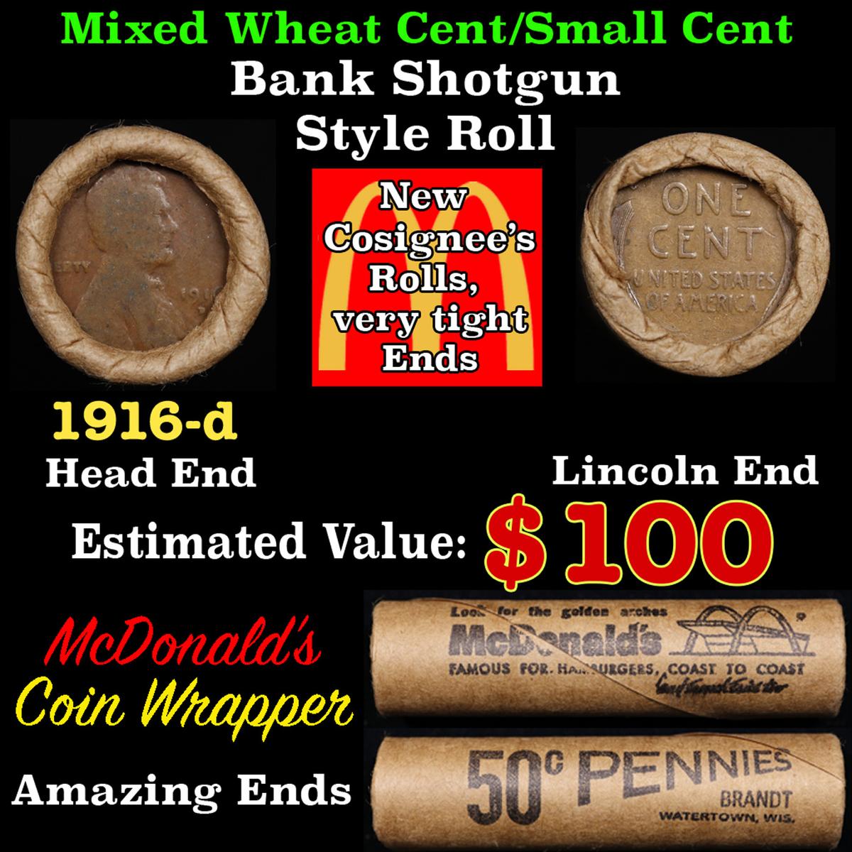 Lincoln Wheat Cent 1c Mixed Roll Orig Brandt McDonalds Wrapper, 1916-d end, Wheat other end