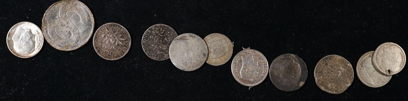 Group of 11 Coins - 1935 Roosevelt 10c, 1942 Canada 10c, Aus. Sixpence, Venezuela 25 and 50 Centimos