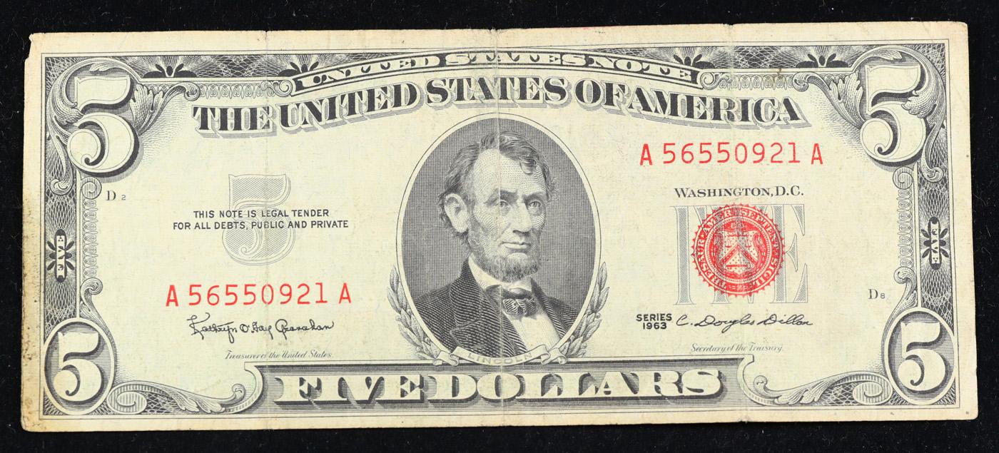 1963 $5 Red Seal United States Note Grades vf+