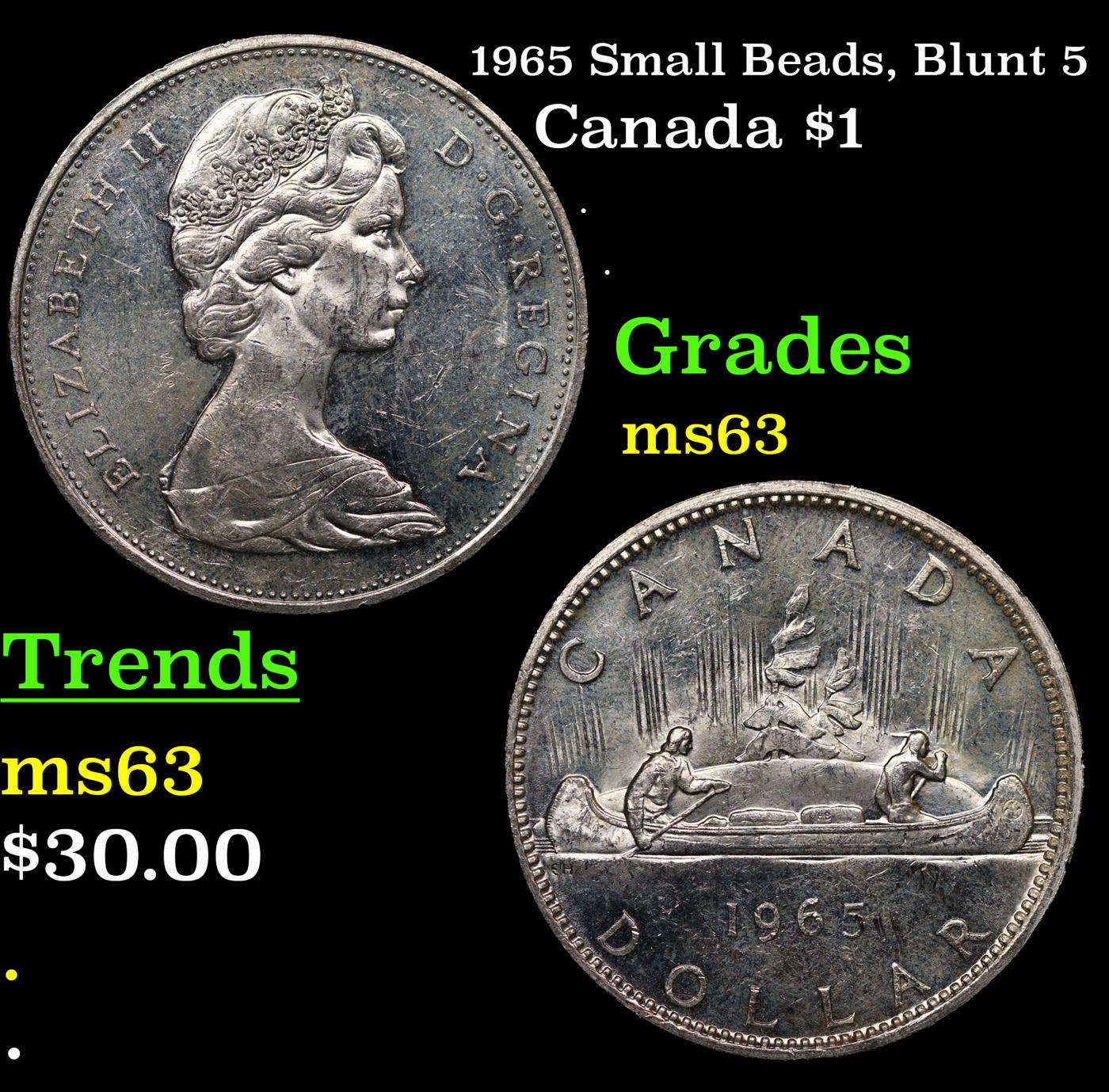 1965 Small Beads, Blunt 5 Canada Dollar 1 Grades Select Unc