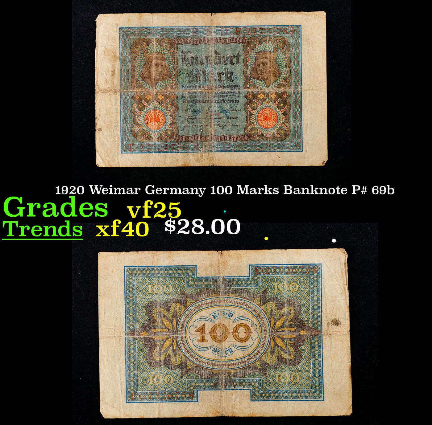 1920 Weimar Germany 100 Marks Banknote P# 69b Grades vf+