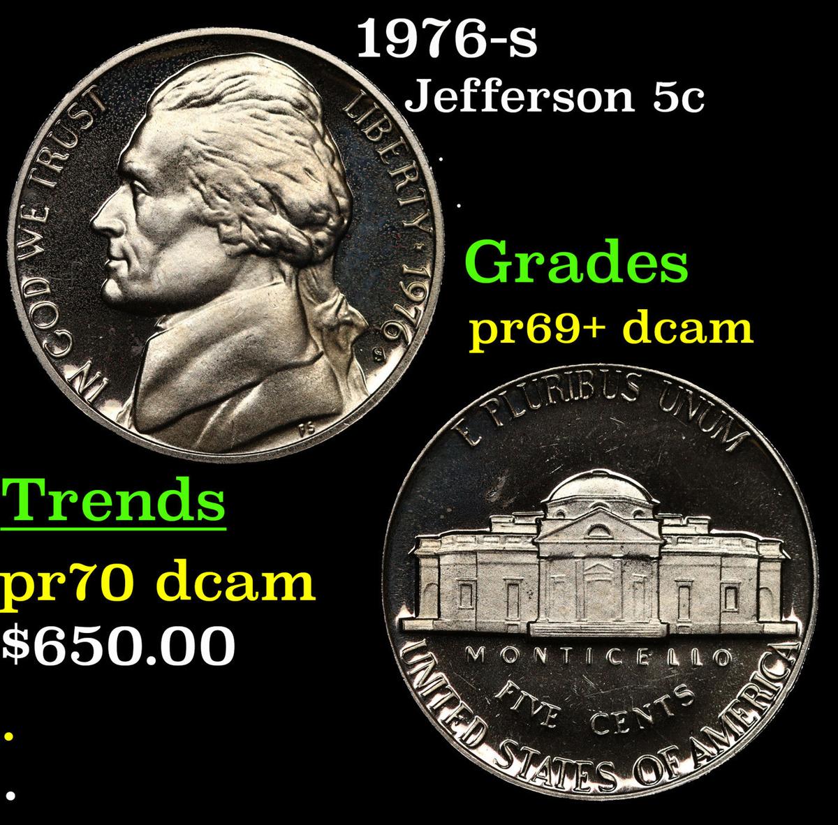 Proof 1976-s Jefferson Nickel 5c Grades GEM++ Proof Deep Cameo