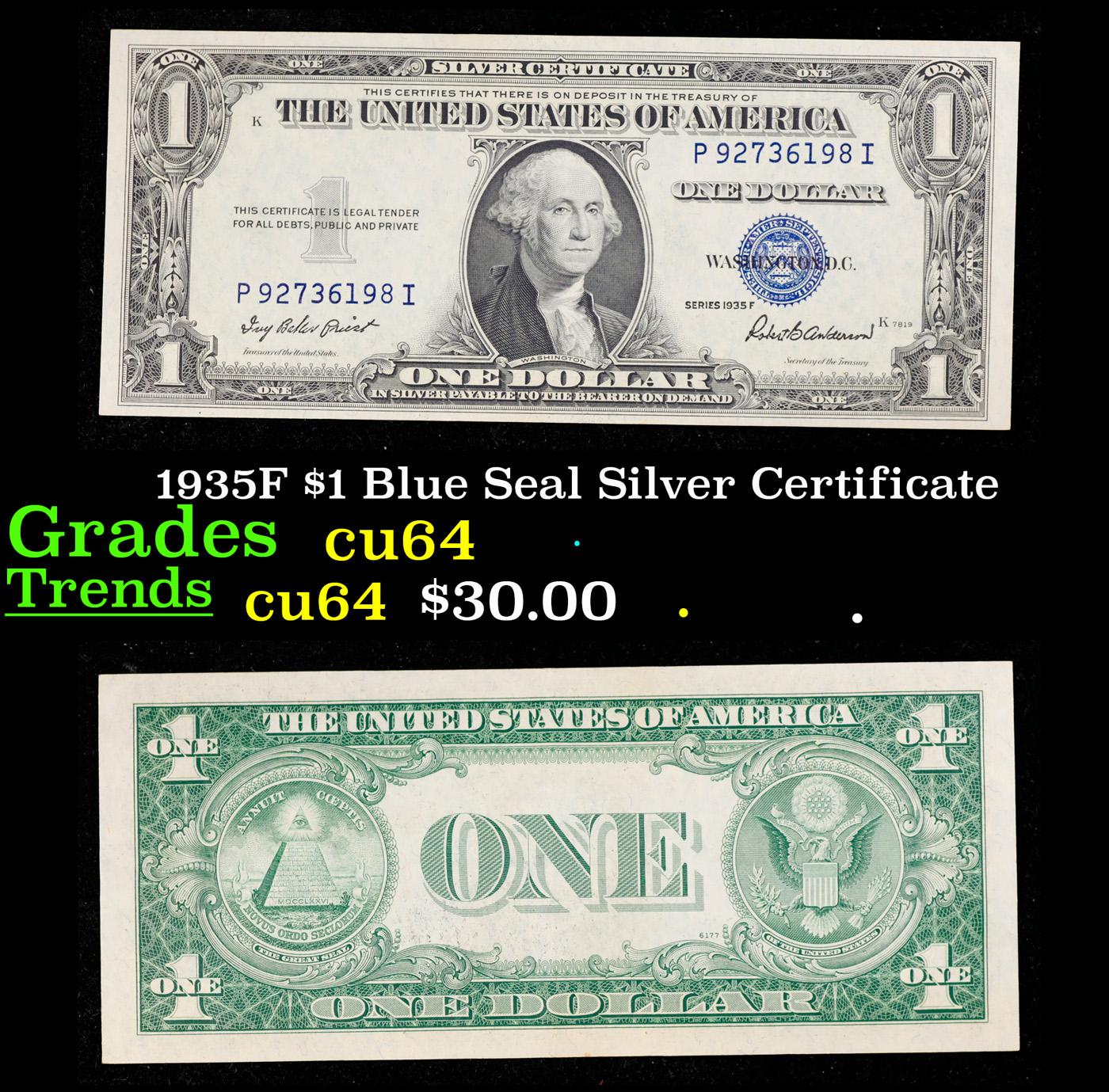 1935F $1 Blue Seal Silver Certificate Grades Choice CU