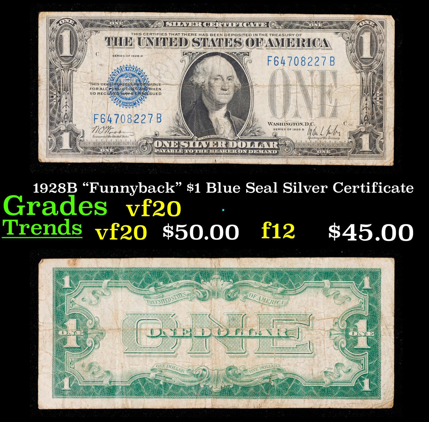 1928B "Funnyback" $1 Blue Seal Silver Certificate Grades vf, very fine