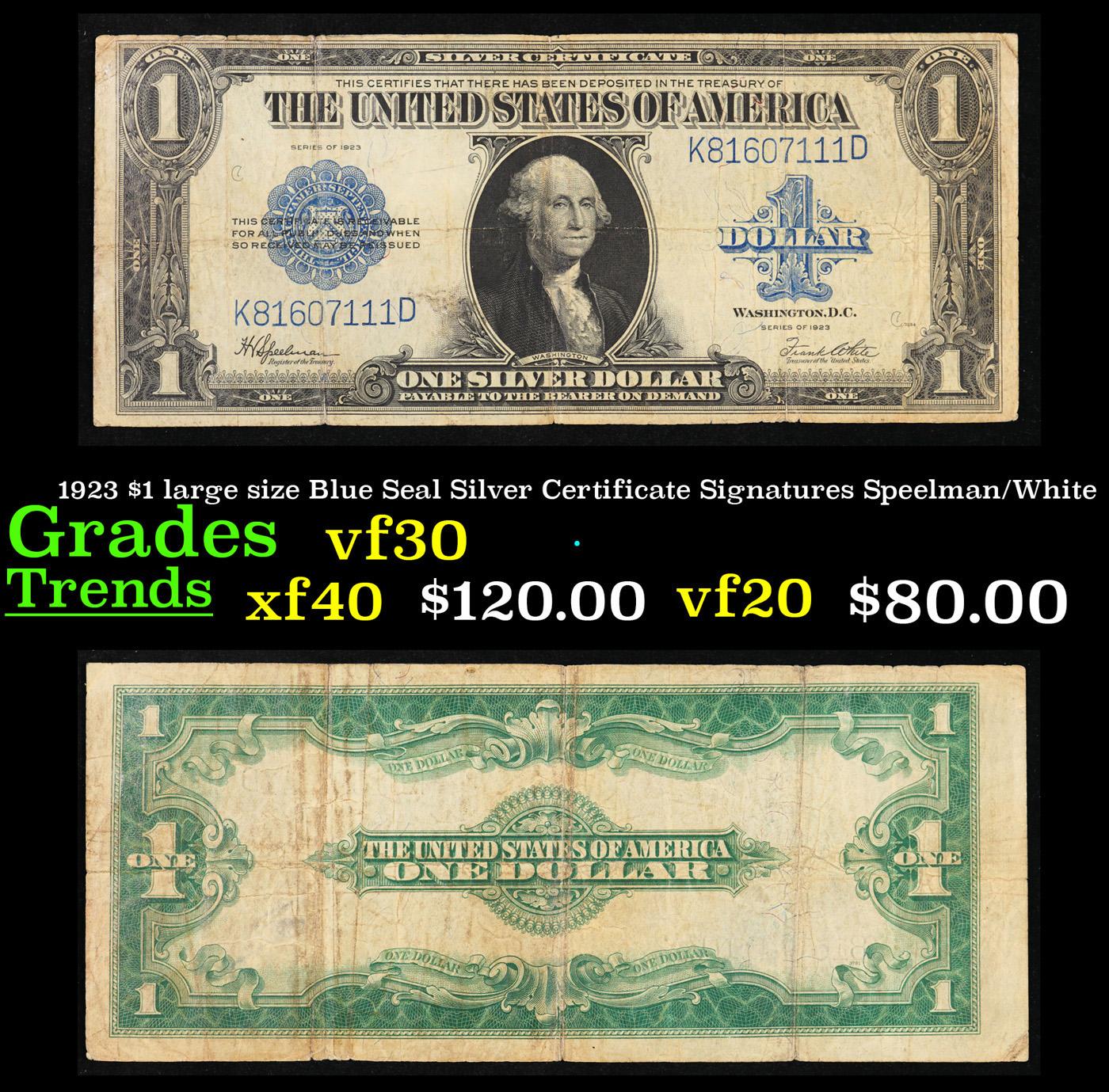 1923 $1 large size Blue Seal Silver Certificate Grades vf++ Signatures Speelman/White