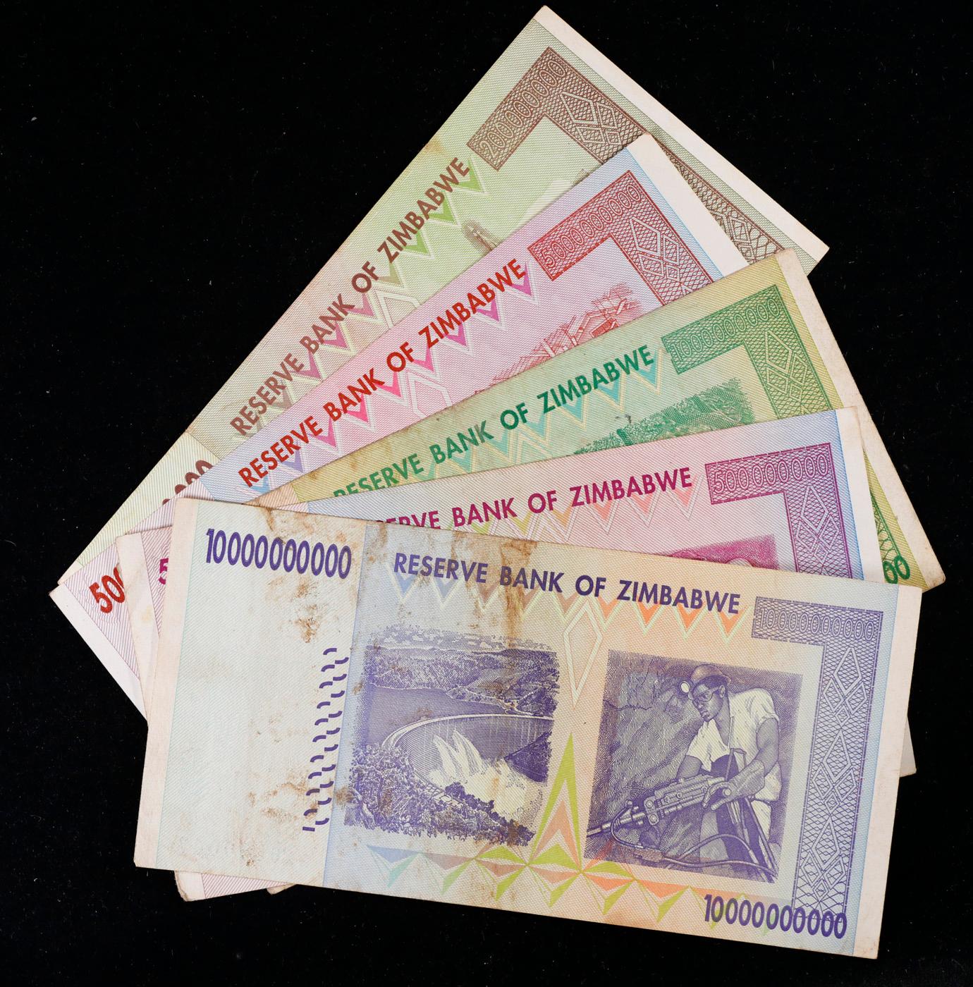 Lot of 5 Zimbabwe Hyperinflation Notes - Various Denoms Between 20,000 and 10 Billion Dollars! Grade