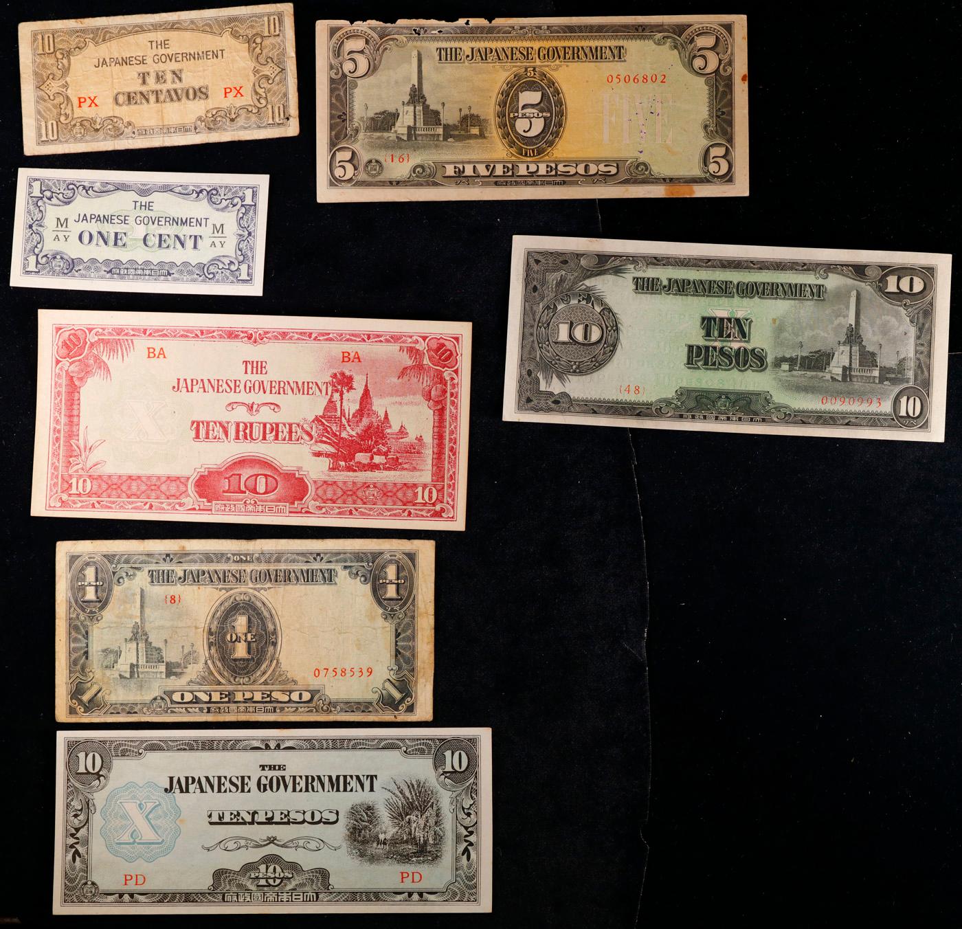 Lot of 7 WWII Japanese Invasion Money Notes - Various Countries & Denominations! Grades