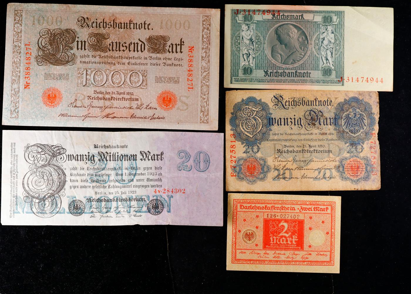 Lot of 5 German '10s to '20s WWI Era Notes - Various Denominations! Grades