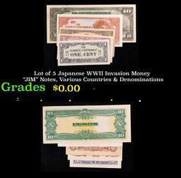 Lot of 5 Japanese WWII Invasion Money "JIM" Notes, Various Countries & Denominations Grades