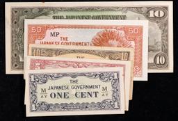 Lot of 5 Japanese WWII Invasion Money "JIM" Notes, Various Countries & Denominations Grades