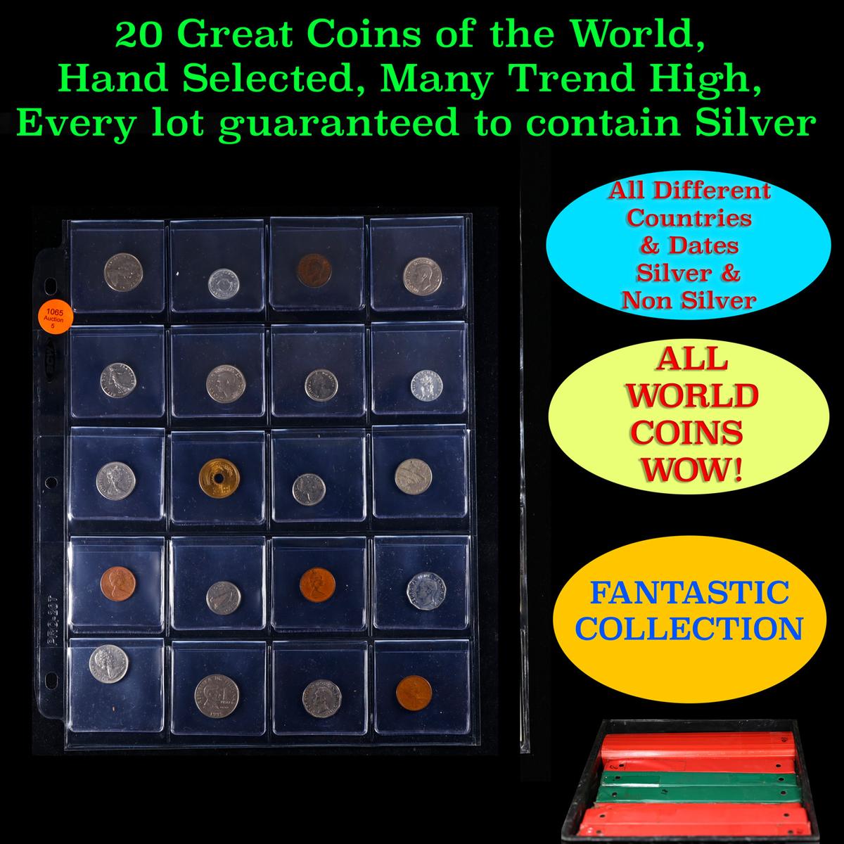 20 Great Coins of the World, hand selected, many trend high, every lot guaranteed to contain Silver.