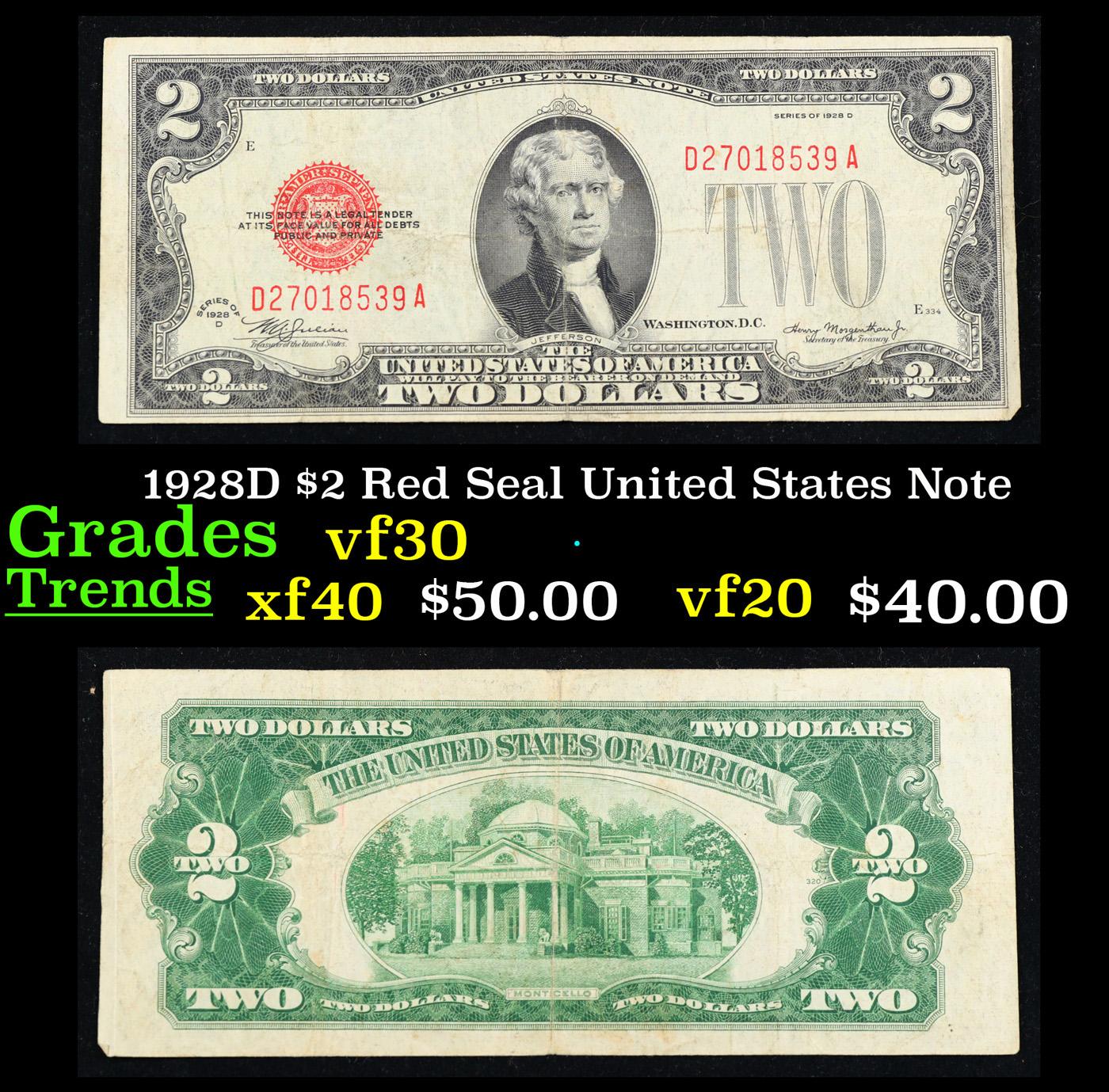 1928D $2 Red Seal United States Note Grades vf++