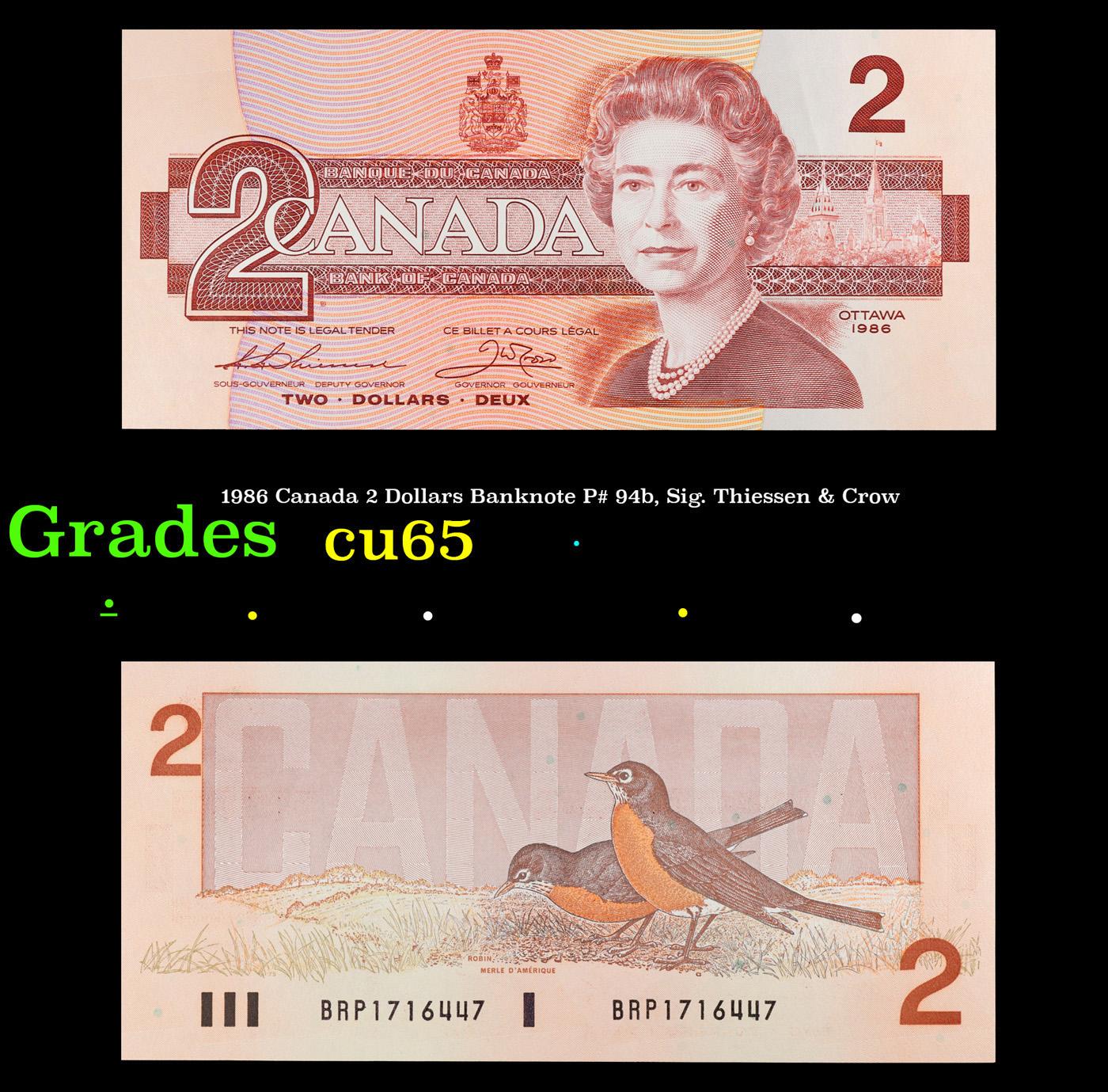 1986 Canada 2 Dollars Banknote P# 94b, Sig. Thiessen & Crow Grades Gem CU