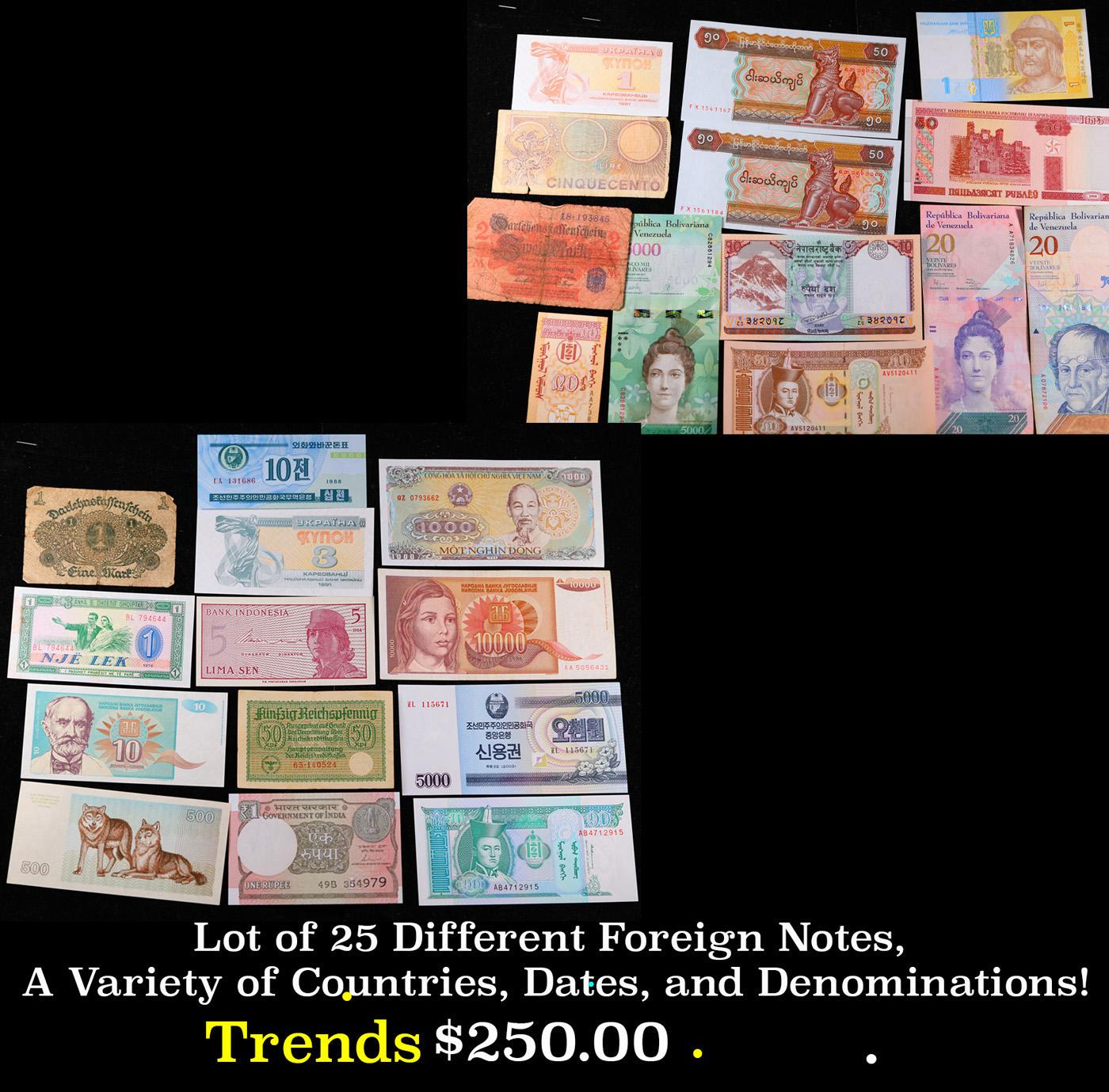 Lot of 25 Different Foreign Notes, A Variety of Countries, Dates, and Denominations!