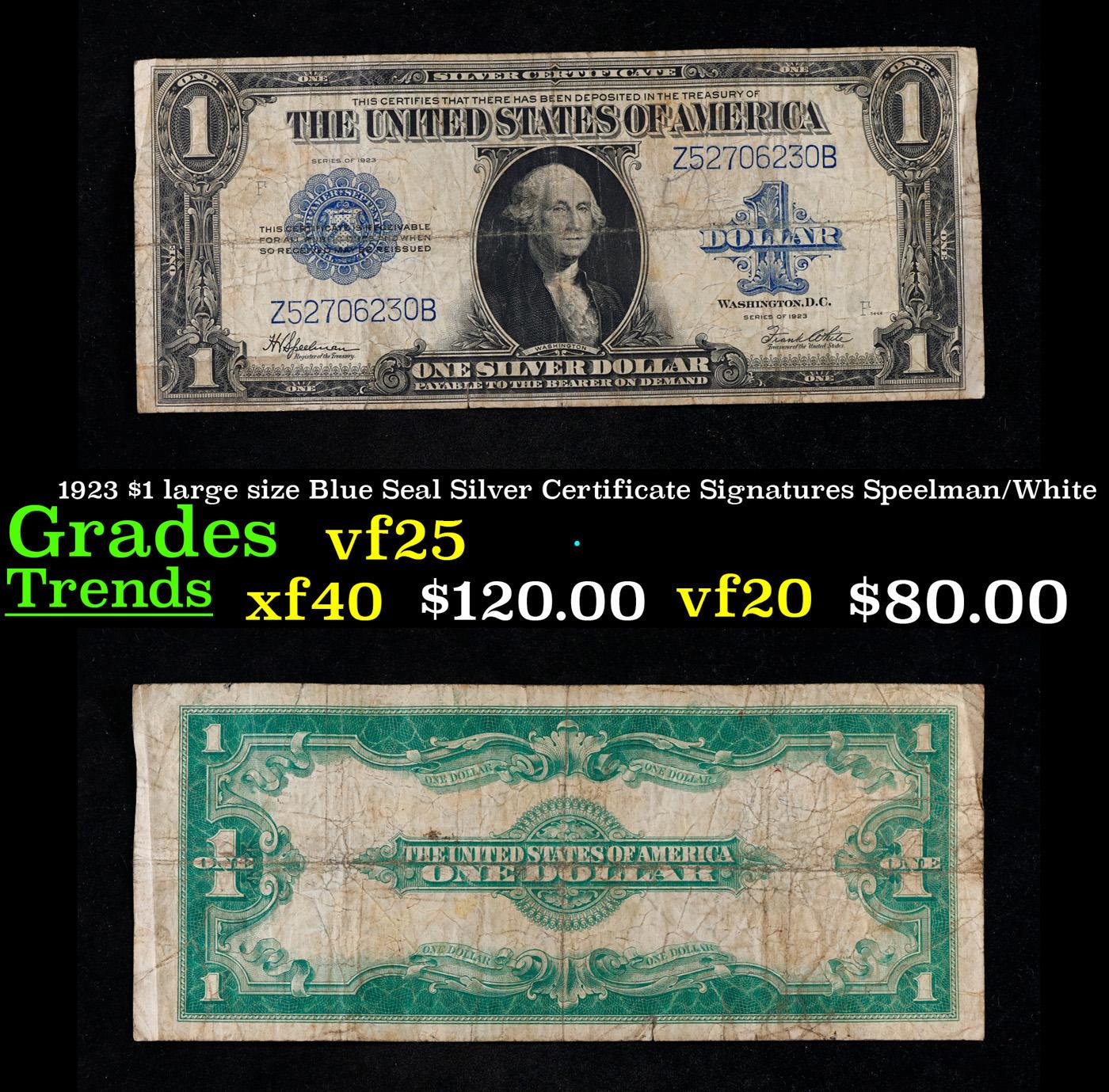 1923 $1 large size Blue Seal Silver Certificate Grades vf+ Signatures Speelman/White