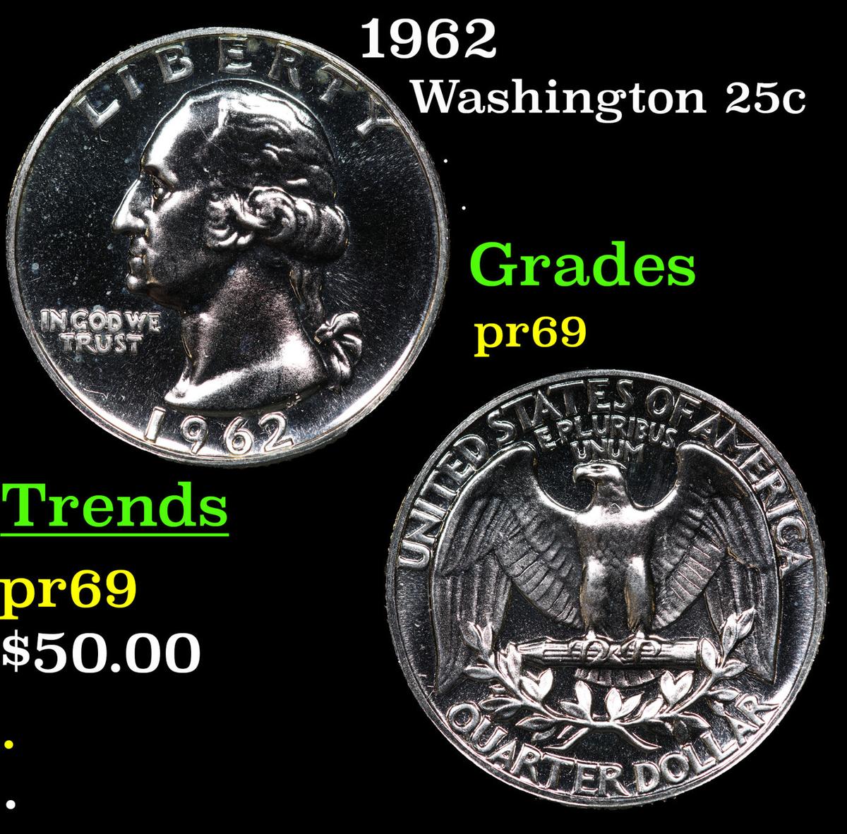 Proof 1962 Washington Quarter 25c Graded pr69