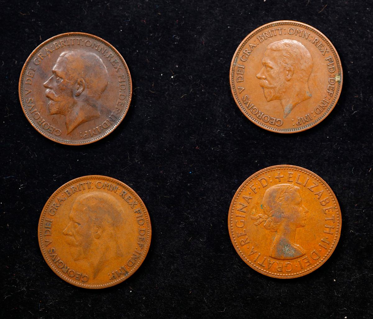 Group of 4 Coins, Great Britain Pennies, 1912, 1927, 1936, 1961 .