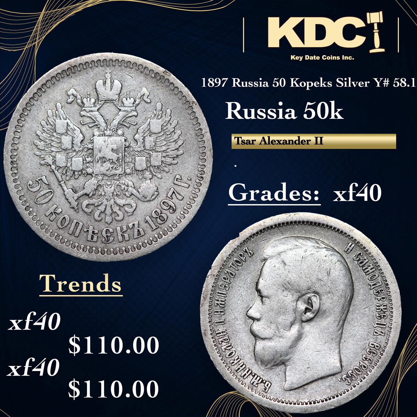 1897 Russia 50 Kopeks Silver Y# 58.1 Grades xf