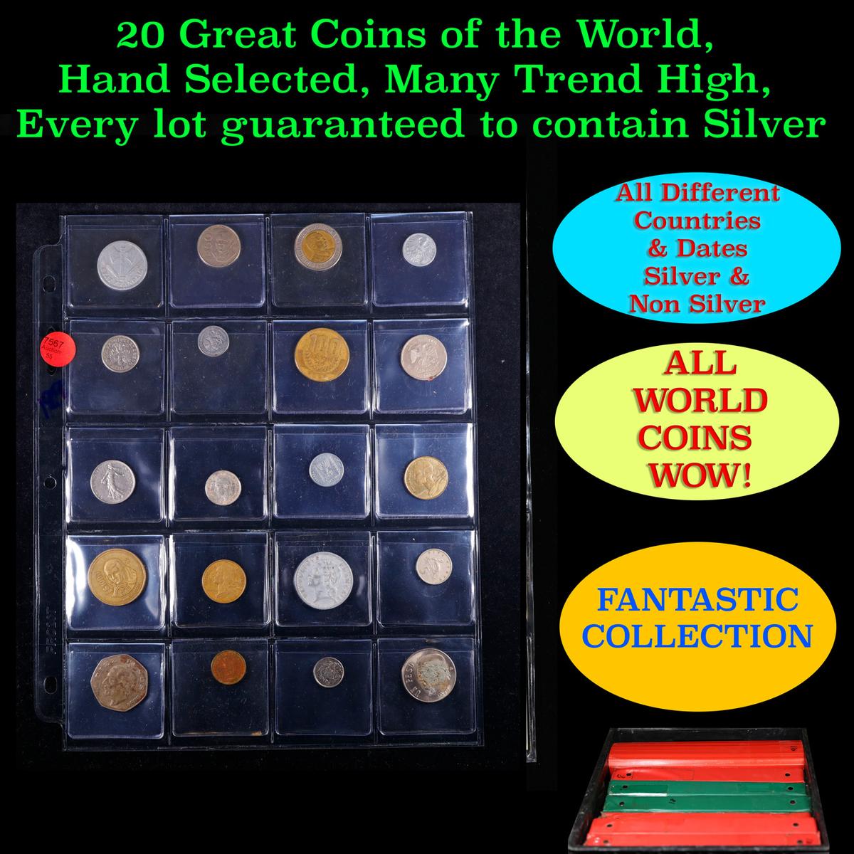 20 Great Coins of the World, hand selected, many trend high, every lot guaranteed to contain Silver.