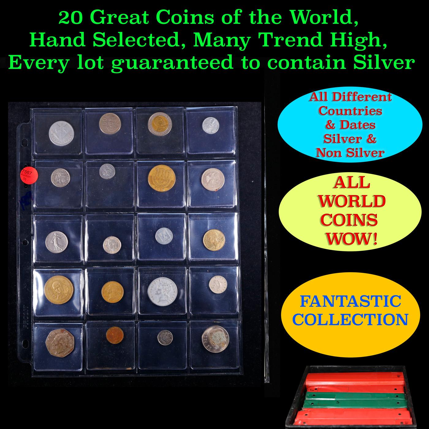 20 Great Coins of the World, hand selected, many trend high, every lot guaranteed to contain Silver.