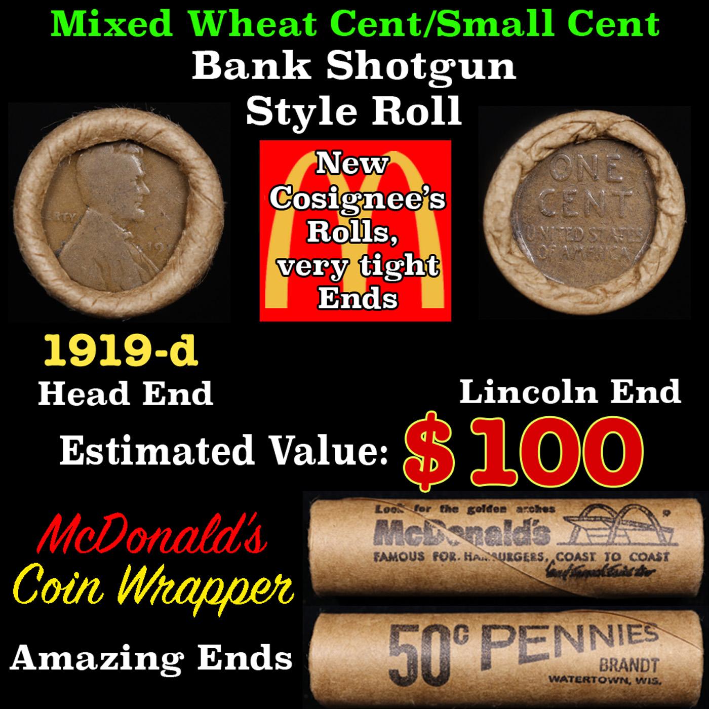 Lincoln Wheat Cent 1c Mixed Roll Orig Brandt McDonalds Wrapper, 1919-d end, Wheat other end