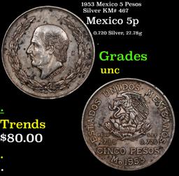1953 Mexico 5 Pesos Silver KM# 467 Grades Brilliant Uncirculated